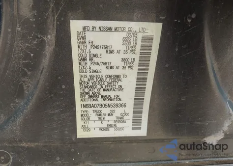 2005 Nissan Titan Xe/Se/Le из США, поврежденный, VIN 1N6BA07B05N539366